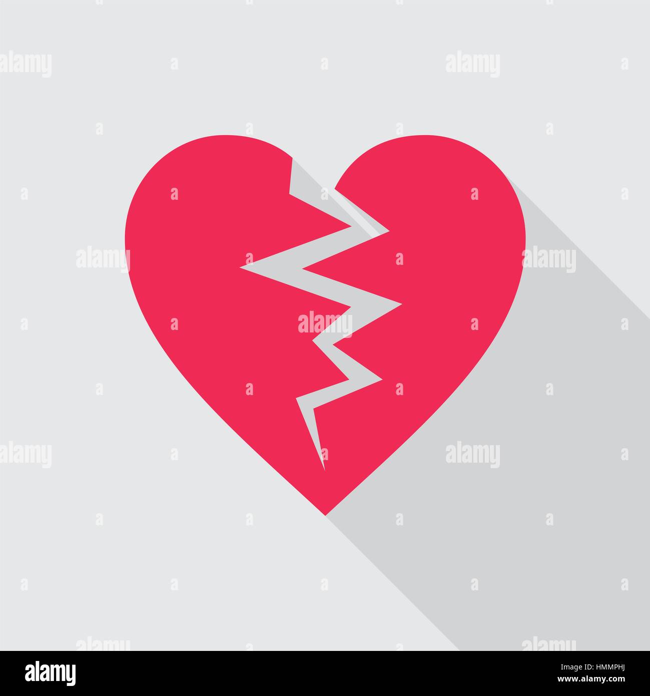 Rot gebrochenes Herz flach Symbol auf grauem Hintergrund. Symbol des gebrochenen Herzens. Vektor-Illustration im EPS8-Format. Stock Vektor