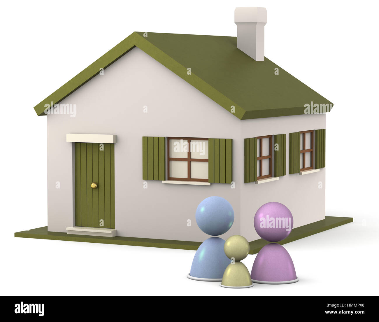 Komposition mit 3D Familie mit Haus. Stockfoto