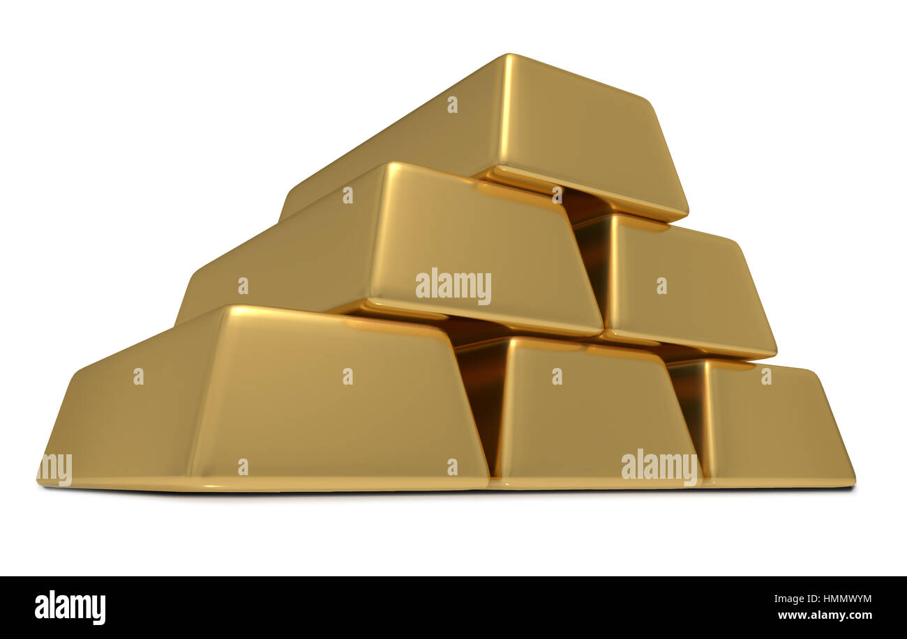 3D-Darstellung der sechs Gold Bullion Bars, die enorme Fülle oder Vermögenswerte Stockfoto