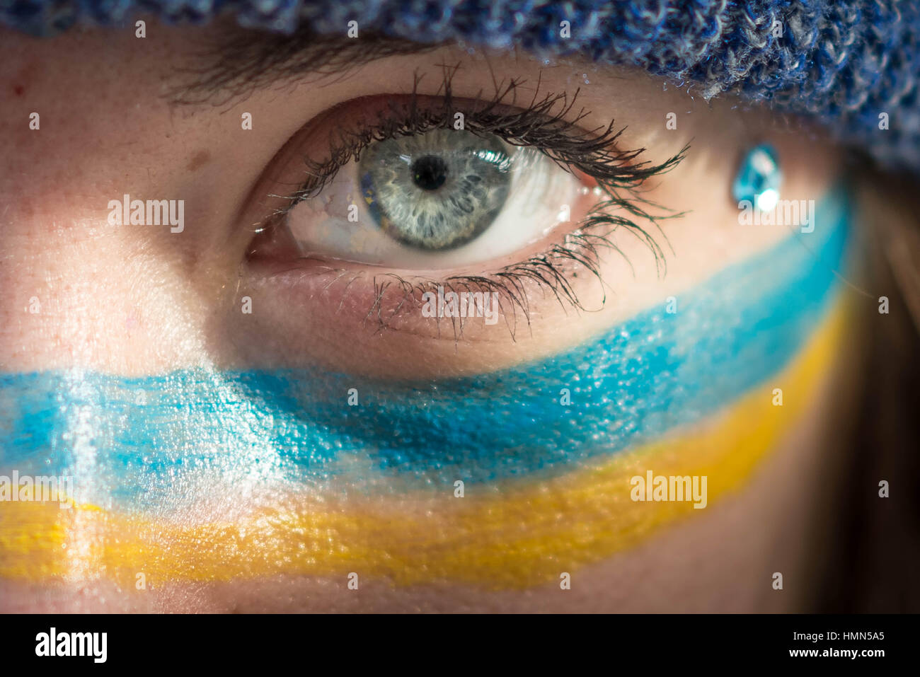London, UK. 4. Februar 2017. Ein pro-Ukraine-Anhänger mit Flagge der Ukraine Bemalung verbindet den Protest mit Verzögerung Artikel 50 und Austritt gegenüber Downing Street. © Guy Corbishley/Alamy Live-Nachrichten Stockfoto