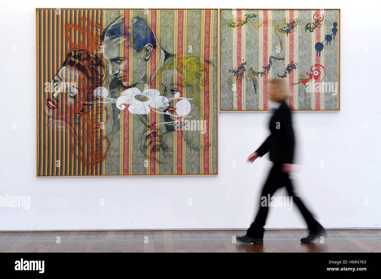 Baden-Baden, Deutschland. 10. Februar 2017. Die Arbeit "Hollywood" von Sigmar Polke von 1971 ist im Museum Frieder Burda in Baden-Baden, Deutschland, 10. Februar 2017 ausgestellt. Die Arbeit ist Teil der Ausstellung "Sigmar Polke - Alchemie Und Arabeske", die von 11 Februar bis 21. Mai 2017 sichtbar. Foto: Uli Deck/Dpa/Alamy Live News Stockfoto