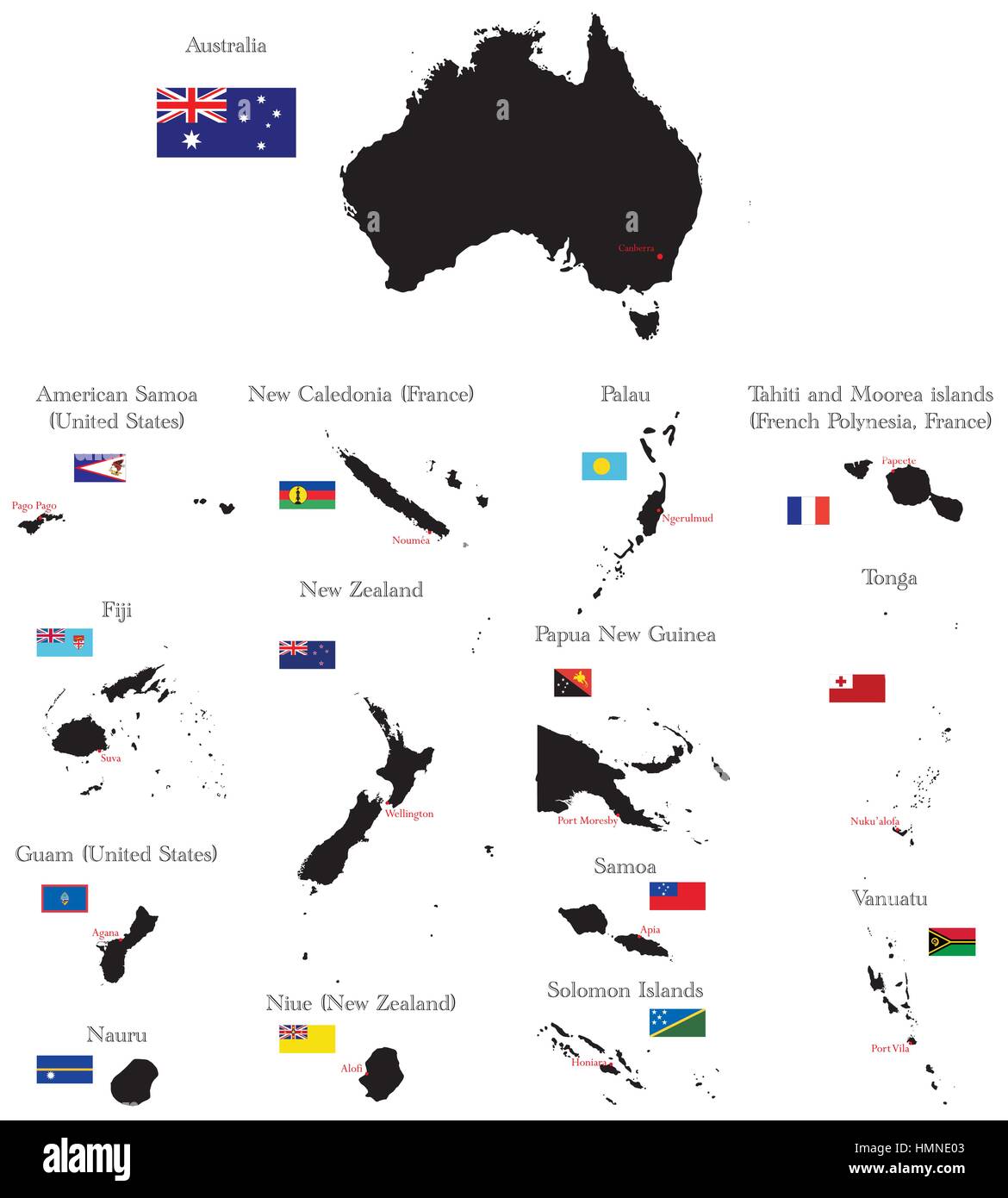 Länder von Ozeanien und Australien mit Grenzen, Flaggen und Hauptstädte Stock Vektor