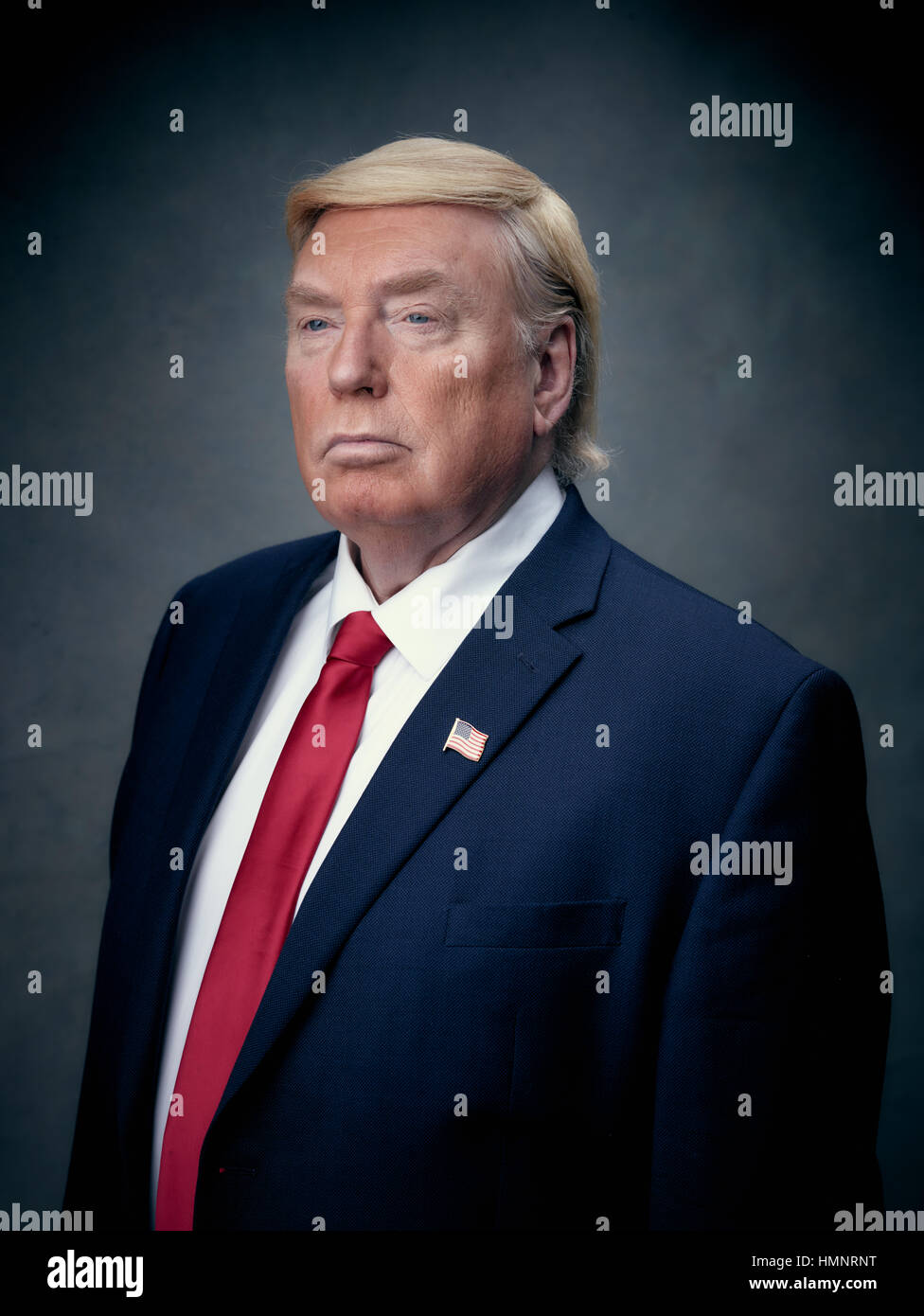 Präsident Donald Trump Lookalike Dennis Alan aus Chicago, USA bei seinem Besuch in Hong Kong.  Er ist der premier Donald Trump-Doppelgänger auf der Welt. Stockfoto