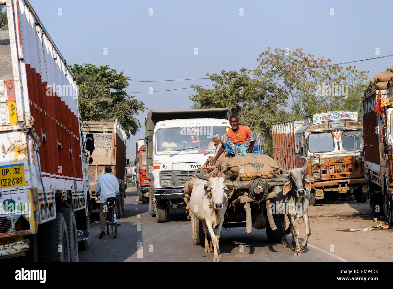 Indien, Uttar Pradesh, Banda, schweren Verkehr mit Tata LKW und Ochsenkarren Stockfoto