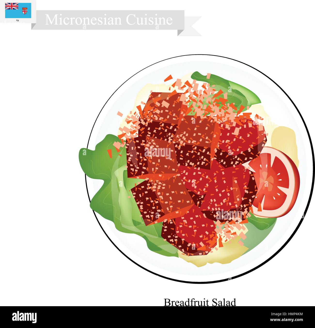 Mikronesien Küche, Darstellung der Brotfrucht Salat mit Fleisch ähnlich wie traditioneller Kartoffelsalat gemacht, Brotfrucht, Chop Eiern und Zwiebeln Saison wi Stock Vektor