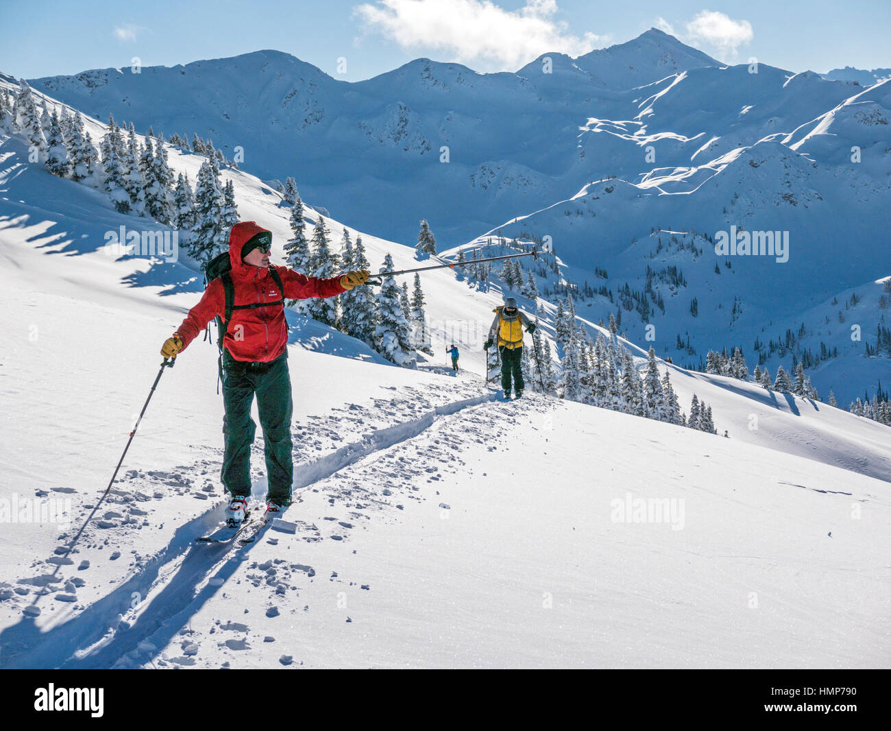 Backcountry Skifahrer verwenden synthetische Felle um zu klettern; Esplanade-Bereich; Selkirk Mountains in der Nähe von remote Sentry Lodge;  Britisch-Kolumbien; Kanada Stockfoto