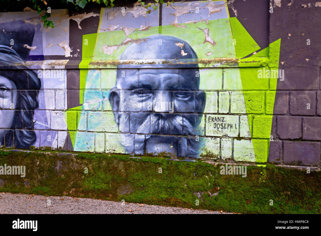 Opatija, Kroatien, 4. Januar 2017: Kaiser Franz Joseph ich Fototapete Grafitti an berühmte Person Wand in Opatija, Kvarner Region Kroatiens. Franz Joseph ich w Stockfoto