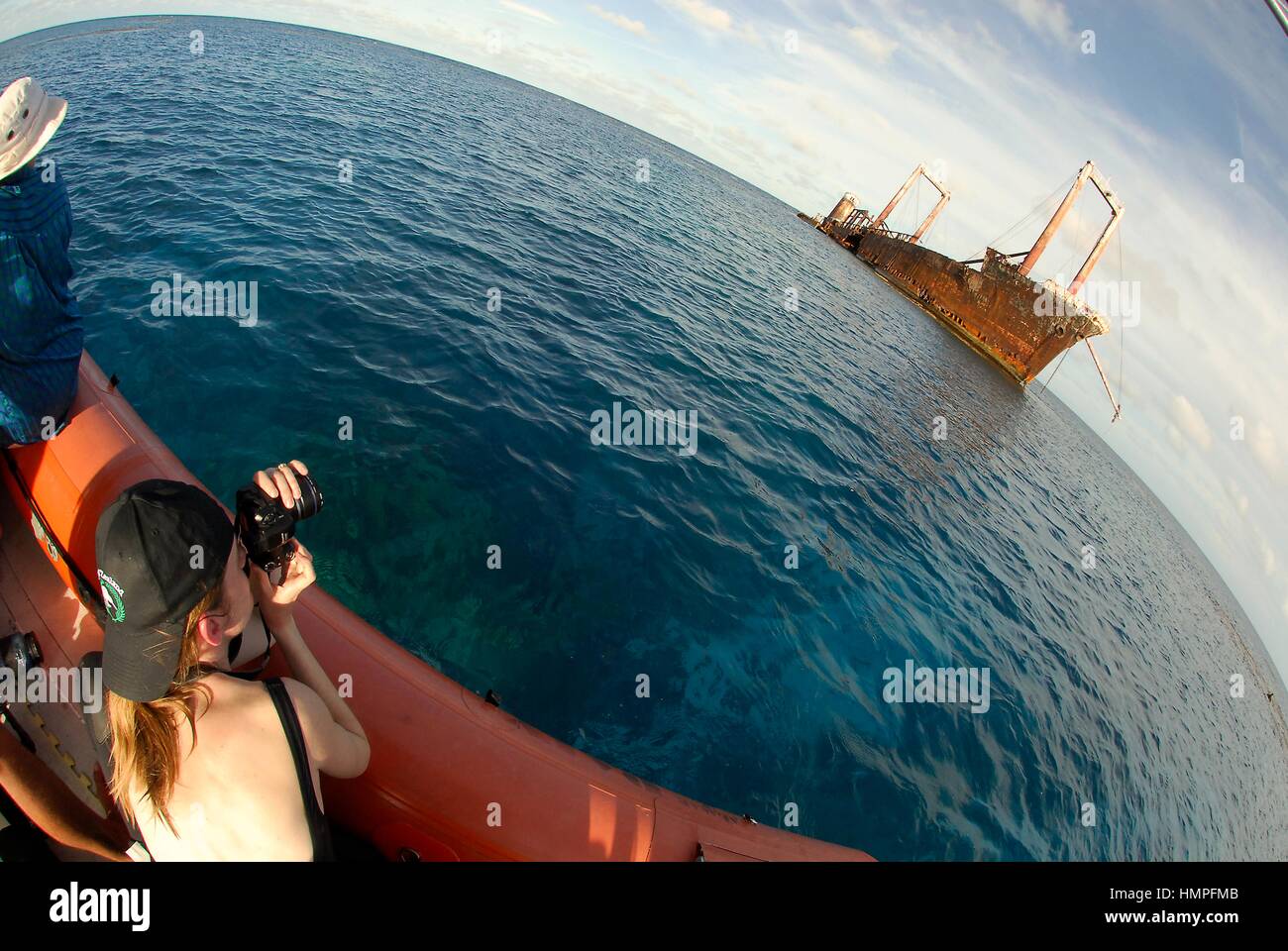 Fotografieren das Polisini griechischen Wrack (Kinsei Maru), Banken Silver Marine Sanctuary, Dominikanische Republik, Karibik Stockfoto