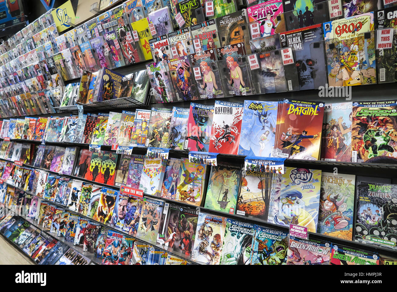 Comic-Buch Wand, Midtown Comics auf dem Times Square, New York, USA Stockfoto
