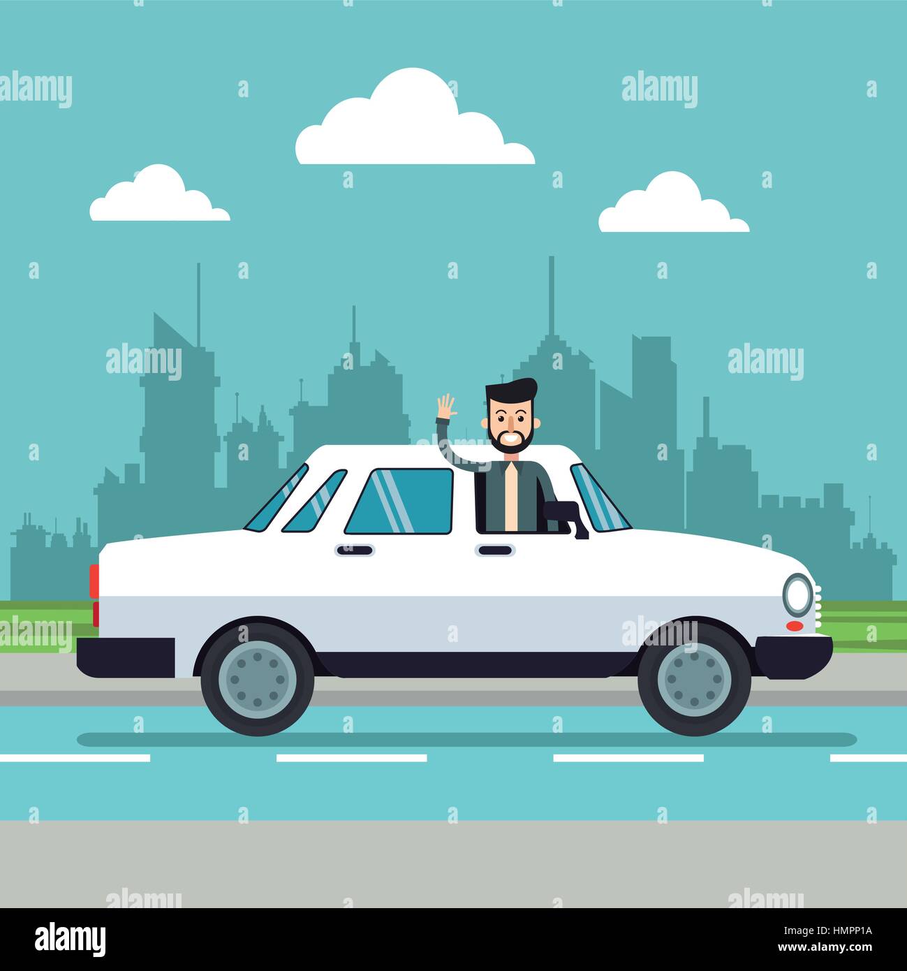 Mann Bart genießen weißes Auto städtischen Hintergrund Stock Vektor