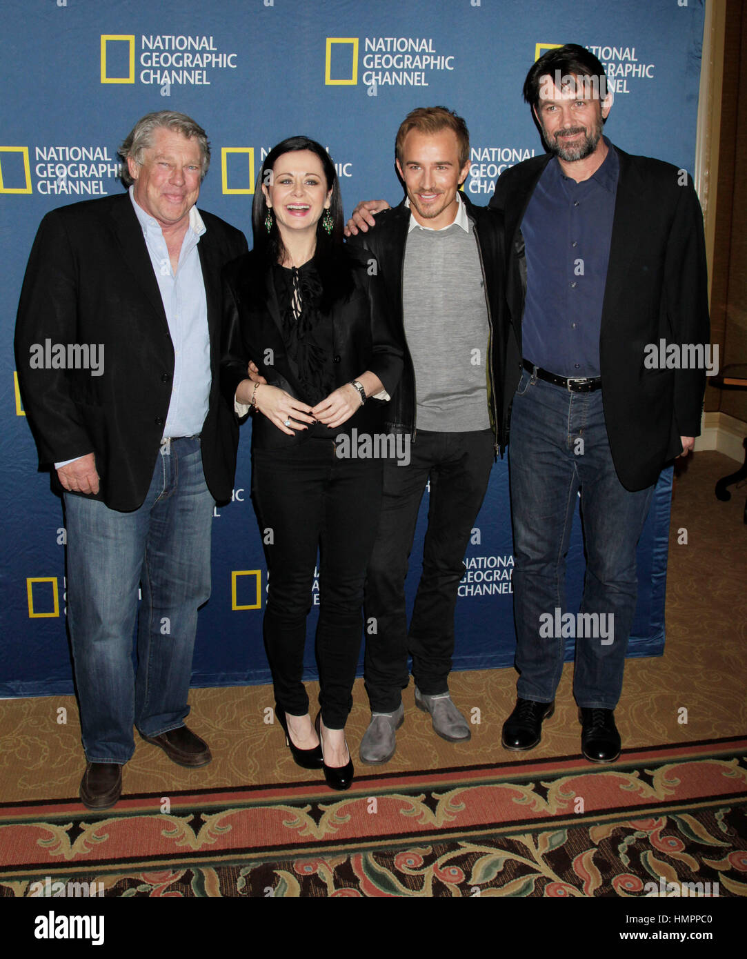 Von links kommen Graham Beckel, Geraldine Hughes, Jesse Johnson und Billy Campbell "Ermordung Lincolns" für die National Geographic Channel TCA Party am 3. Januar 2013, in Pasadena, California.Photo von Francis Specker Stockfoto