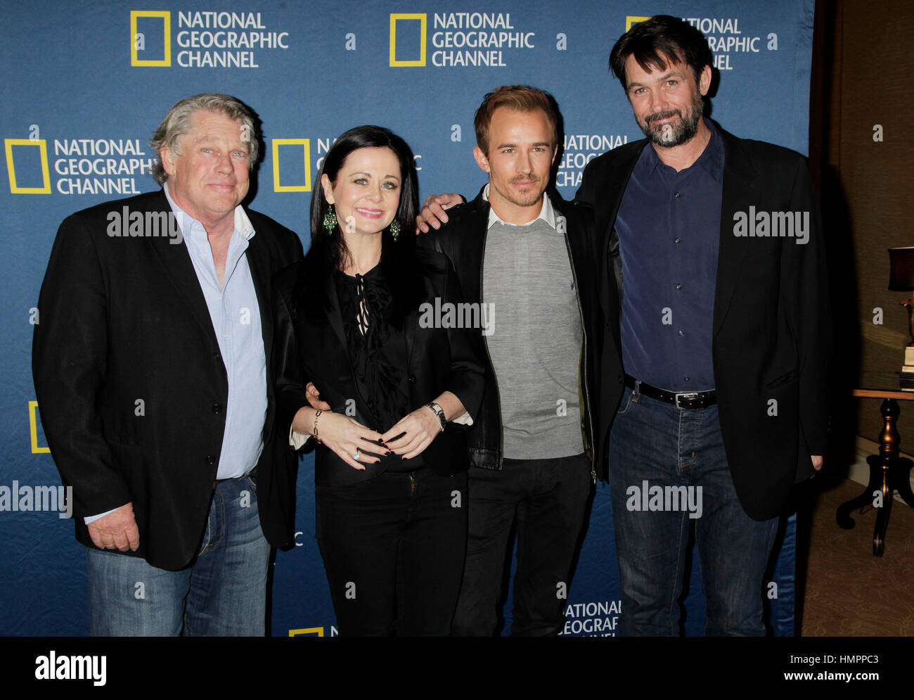 Von links kommen Graham Beckel, Geraldine Hughes, Jesse Johnson und Billy Campbell "Ermordung Lincolns" für die National Geographic Channel TCA Party am 3. Januar 2013, in Pasadena, California.Photo von Francis Specker Stockfoto