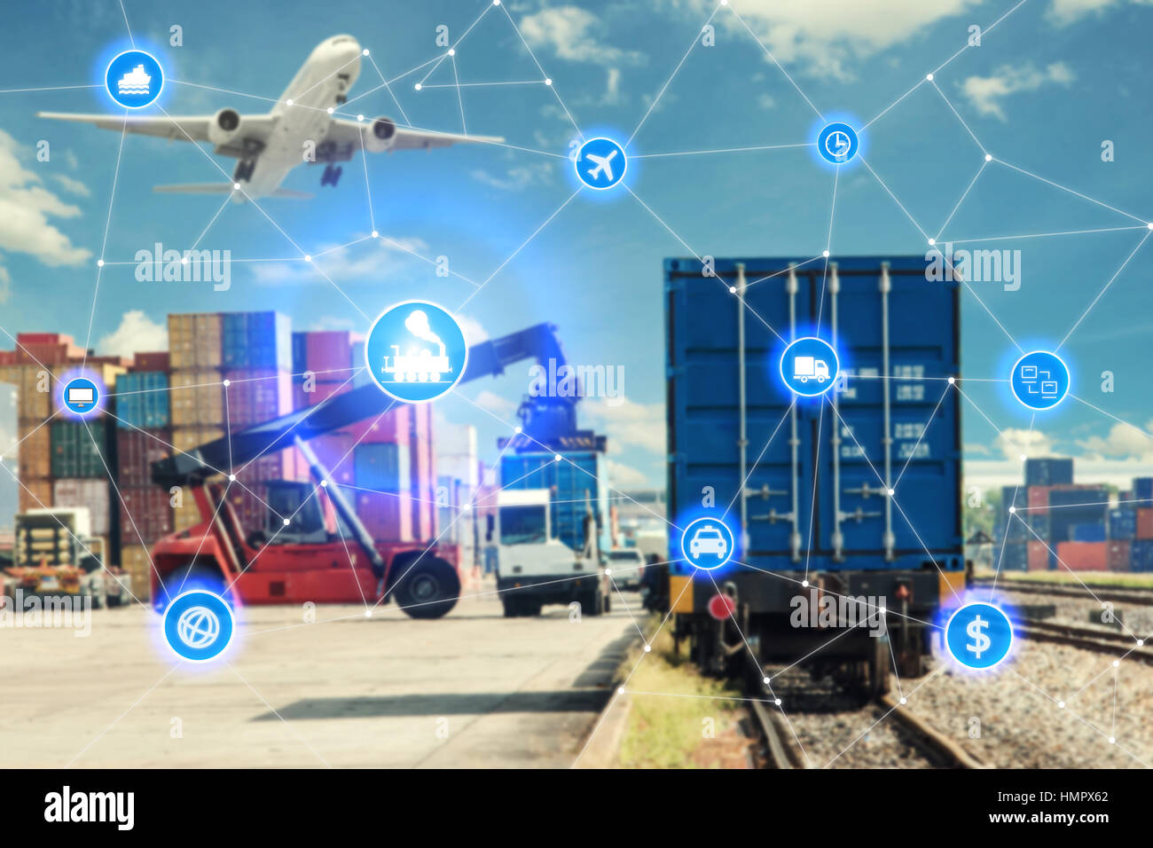 Globales Geschäft Technologie Schnittstelle globaler Partner Verbindung von Containerladung Güterzug für Logistik Import export Hintergrund. Busi Stockfoto