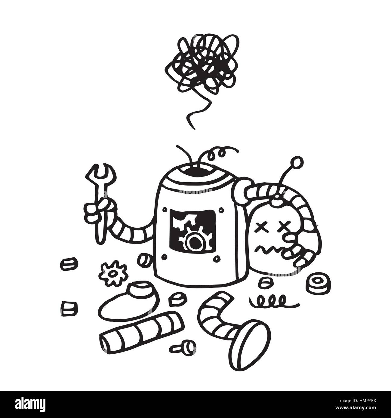 Seite nicht gefunden Fehler 404. Defekte Roboter schwarz-weiß Handsymbol gezeichnete Vektor Vorlage Stock Vektor