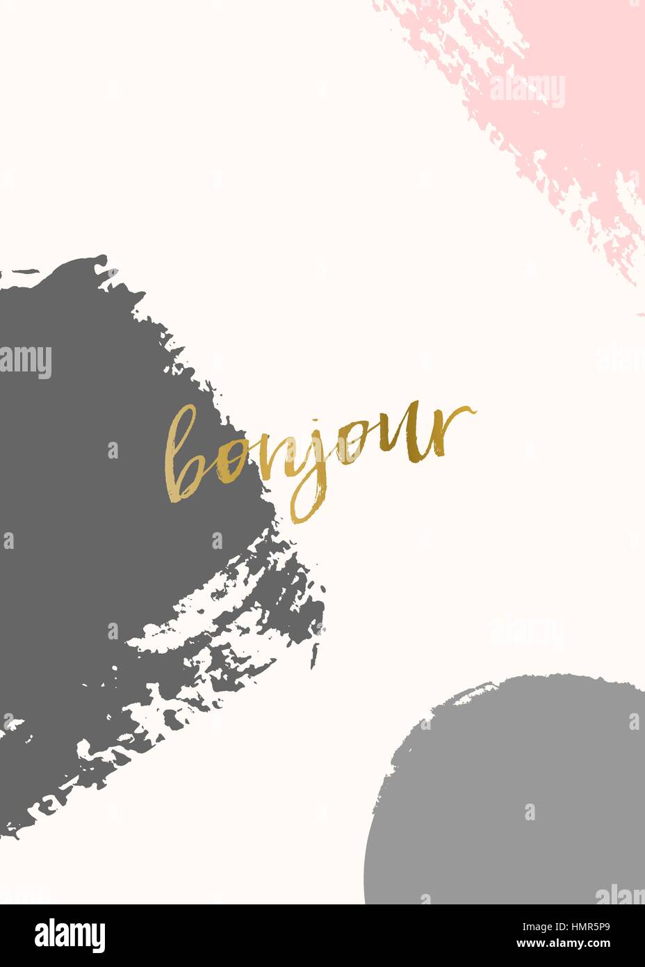 Kreative Grußkartenvorlage zum Valentinstag mit abstrakten Pinselstriche in Pastell-Farben und moderne Kalligraphie Text 'Bonjour' ('Hallo' in Fre Stock Vektor