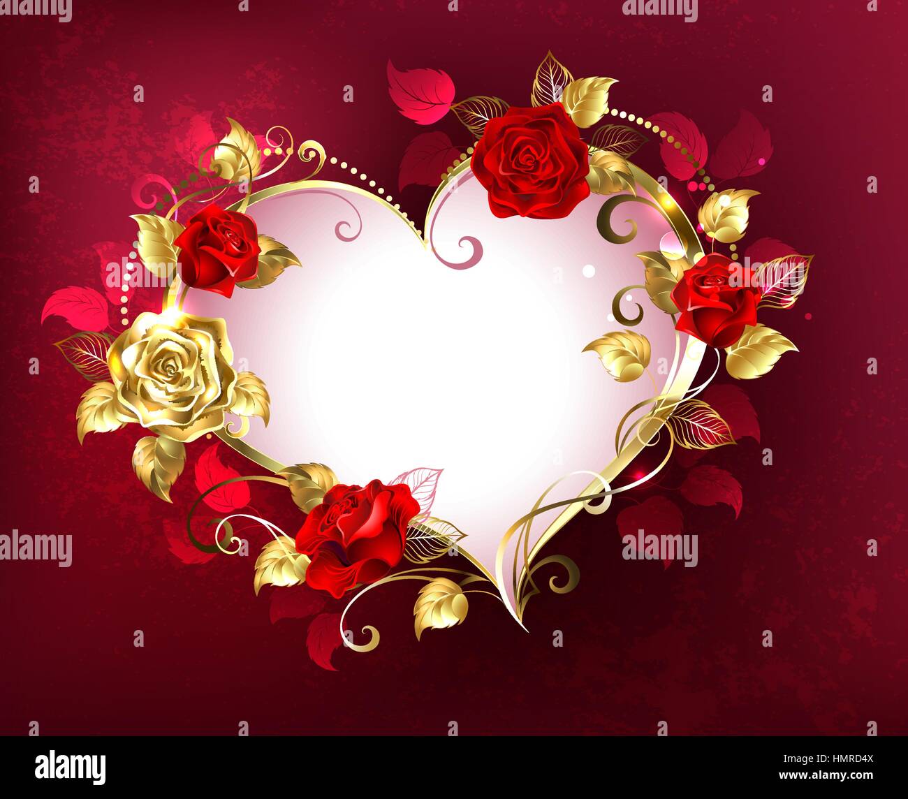 Herz mit Juwelen, gold und rote Rosen auf rotem Hintergrund Textur. Design mit Rosen. Zum Valentinstag. Stock Vektor