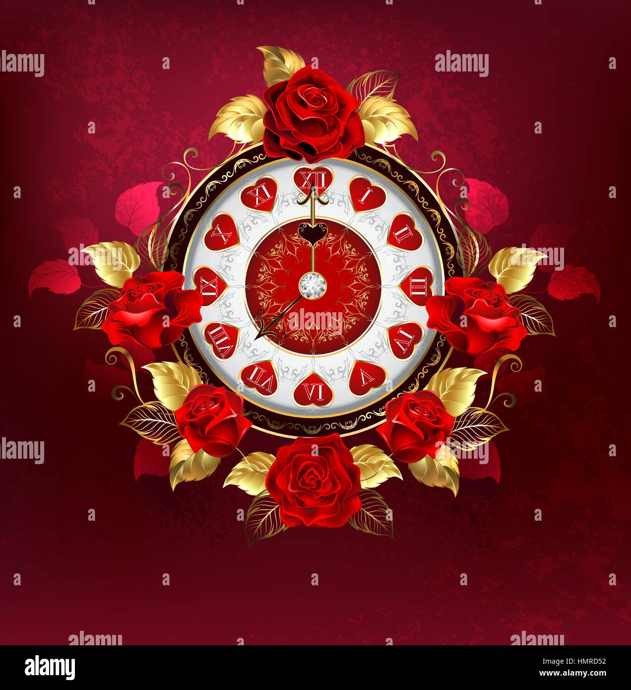 Gold, Schmuck, Uhren, Schmuck mit roten Rosen und goldenen auf rotem Grund verlässt. Design mit Rosen. Steampunk-Stil. Antike Uhr. Stock Vektor
