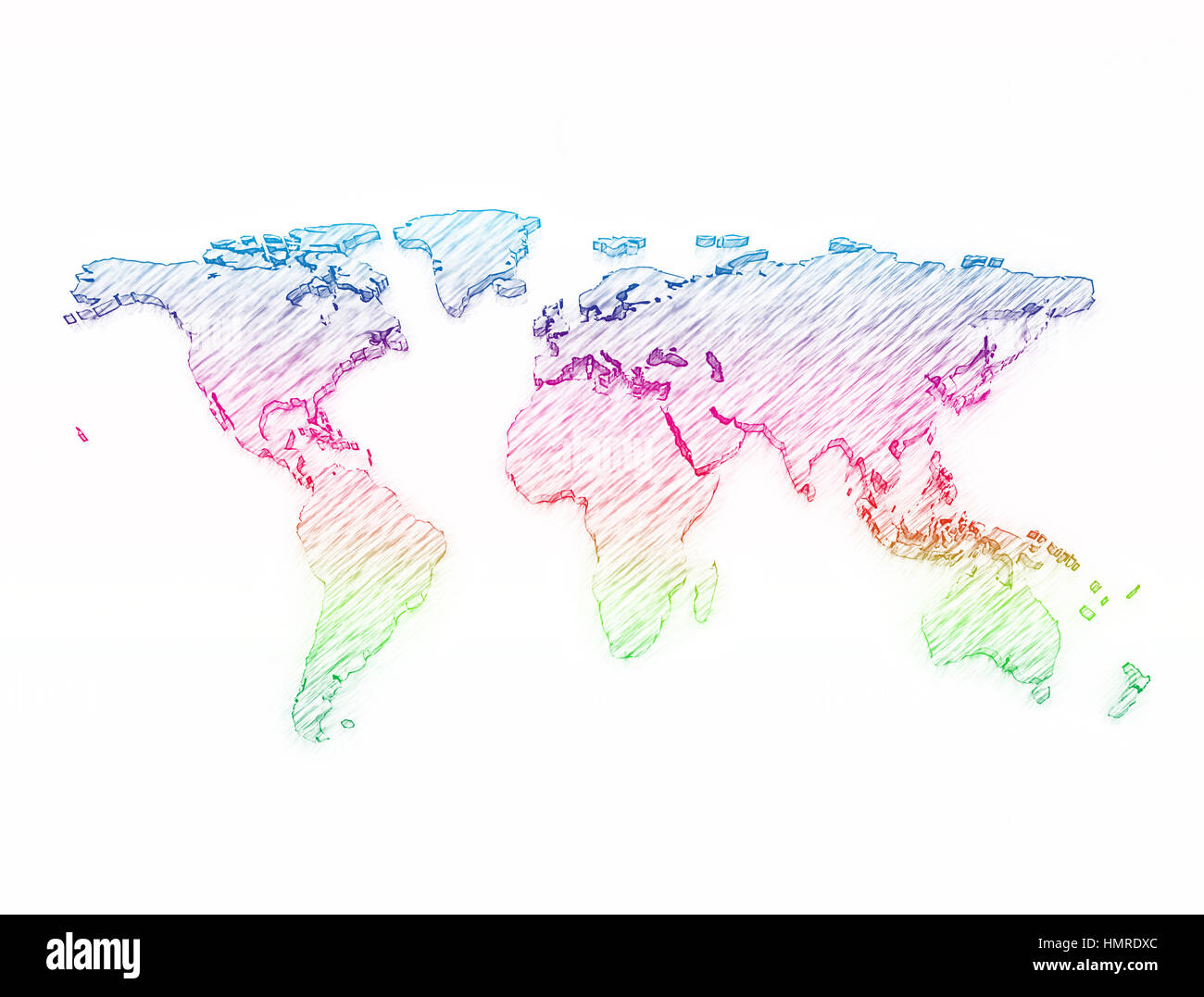 Welt Karte 3d Bleistift Skizze Multi Farbe Stockfoto