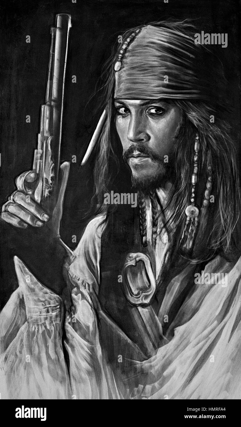 Gemälde von Johnny Depp in seiner Rolle als Captain Jack Sparrow. Pirates of the Caribbean Film. Schwarzweiß-Fotografie Stockfoto