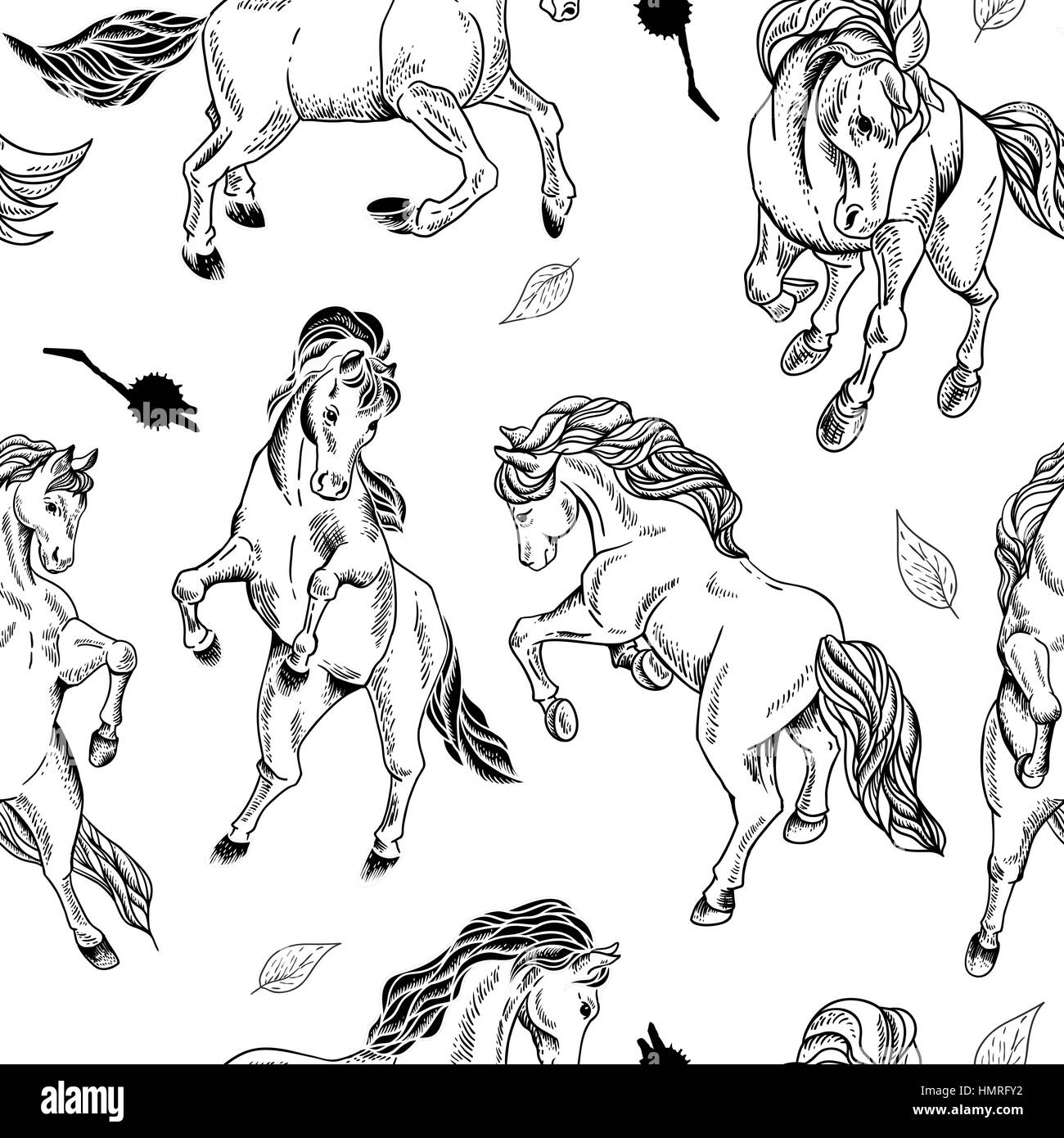 Handgezeichnete monochrome Musterdesign des Pferdes auf weißem Hintergrund. Vektor-Vintage-Design-Elemente, Umrisszeichnung Abbildung Stock Vektor