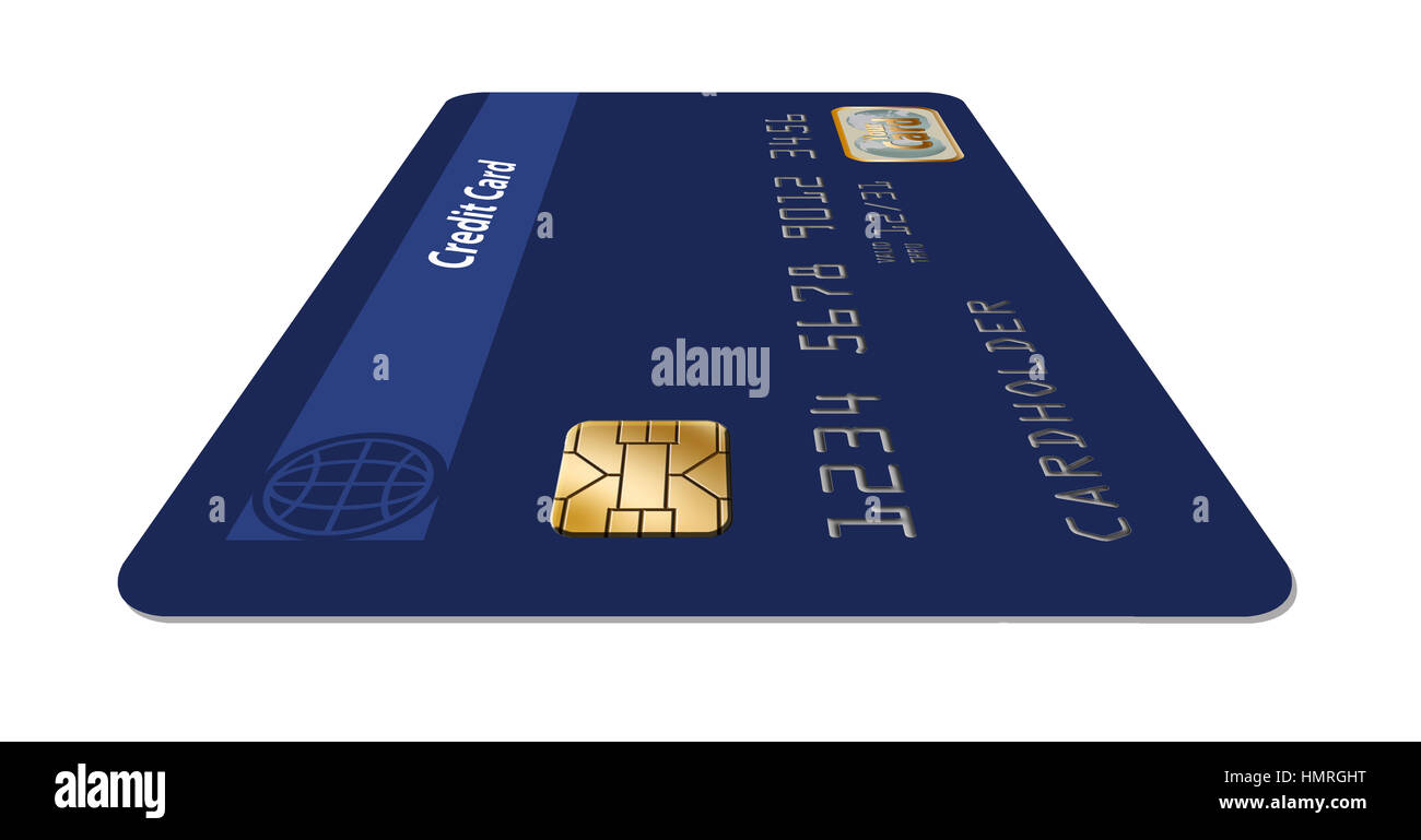 EMV-Chip gesehen hautnah auf einer Kreditkarte auf dem Hintergrund isoliert Stockfoto