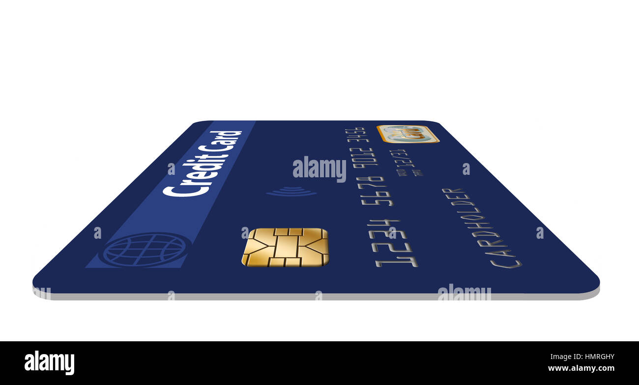 EMV-Chip gesehen hautnah auf einer Kreditkarte auf dem Hintergrund isoliert Stockfoto