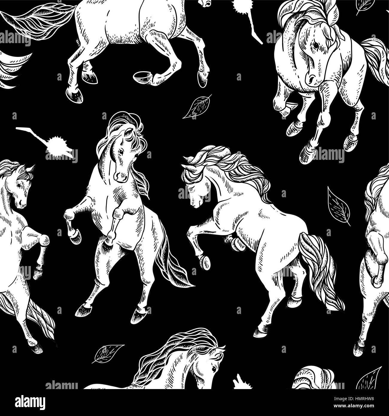 Handgezeichnete monochrome Musterdesign Pferd auf schwarzem Hintergrund. Vektor-Vintage-Design-Elemente, Umrisszeichnung Abbildung Stock Vektor