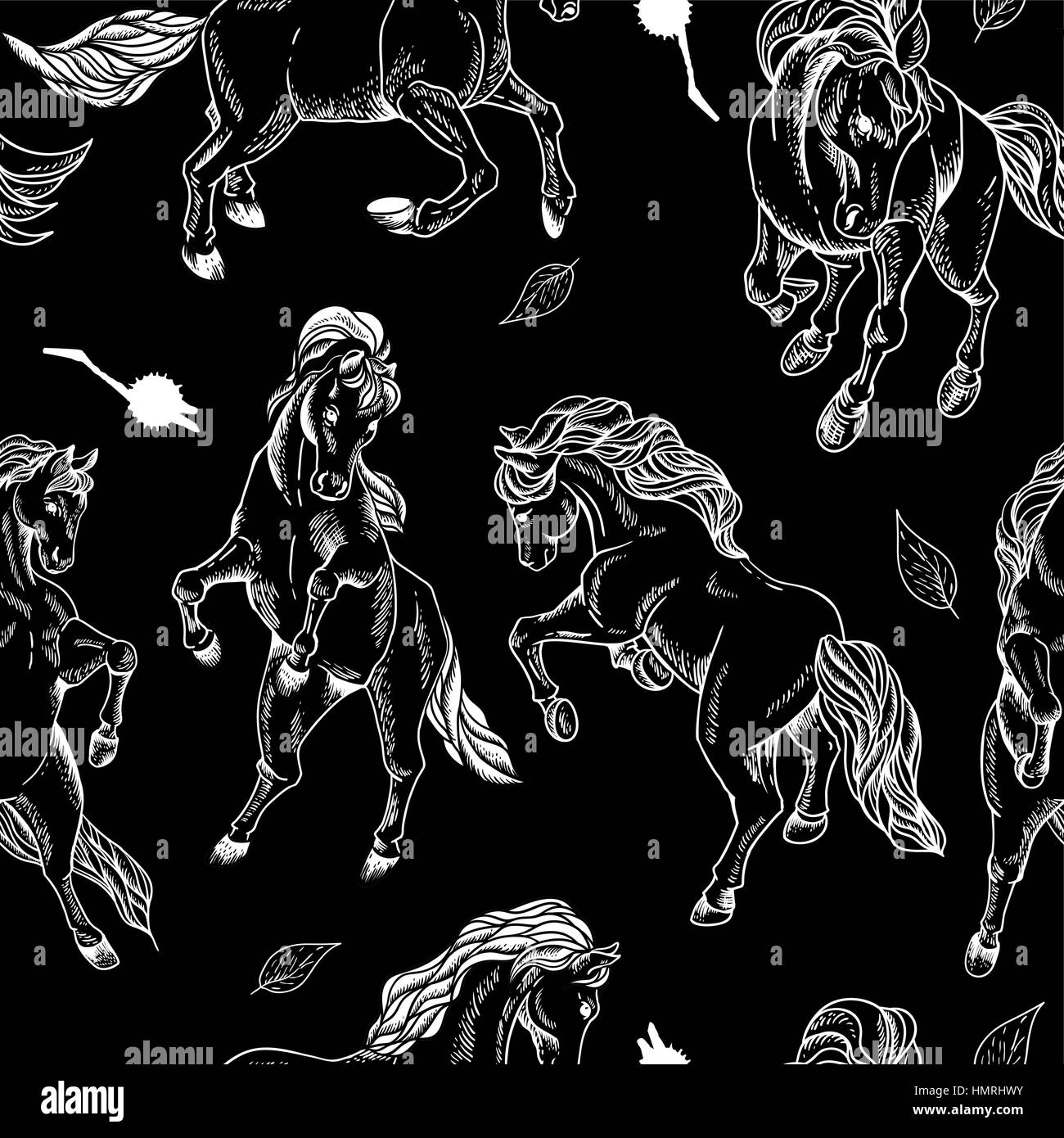 Handgezeichnete monochrome Musterdesign Pferd auf schwarzem Hintergrund. Vektor-Vintage-Design-Elemente, Umrisszeichnung Abbildung Stock Vektor