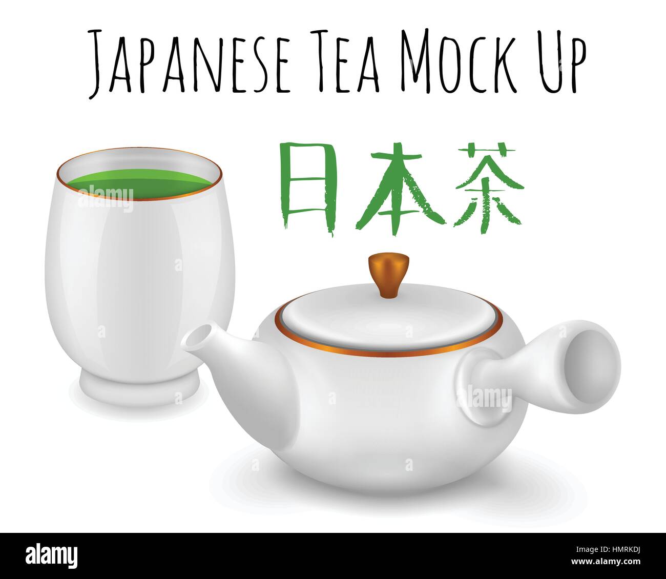 Japanische Tradition Grüntee mock-up Kollektion. Satz von Topf und Tasse-Vektor-Illustration isoliert auf weißem Hintergrund. Küche-Objekte für Ihr design Stock Vektor