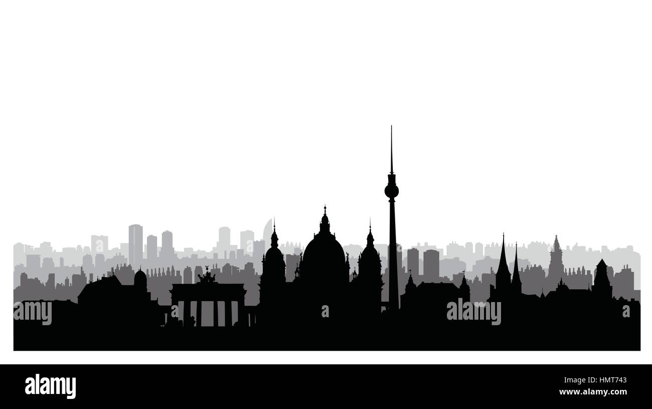 Berlin City Gebäuden Silhouette. Deutsche Stadtlandschaft. Berliner Stadtbild mit Sehenswürdigkeiten. Reisen Deutschland Skyline im Hintergrund. Stock Vektor