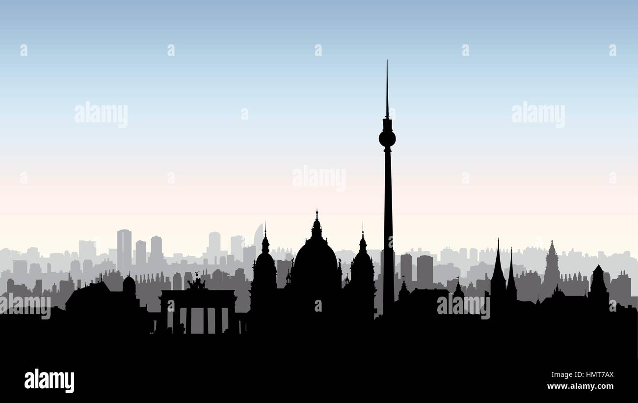 Berlin City Gebäuden Silhouette. Deutsche Stadtlandschaft. Berliner Stadtbild mit Sehenswürdigkeiten. Reisen Deutschland Skyline im Hintergrund. Stock Vektor