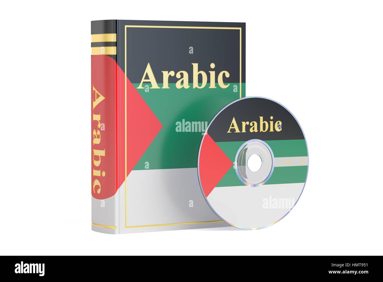 Arabische Buch mit CD-Laufwerk, 3D-Rendering, isoliert auf weißem Hintergrund Stockfoto