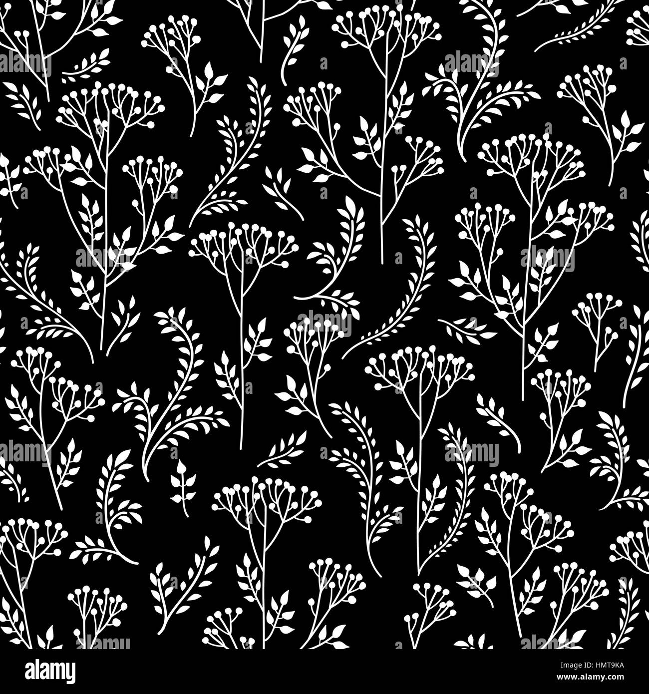 Florales Muster mit Blätter und Blumen. zierpflanzen Kraut Zweig nahtlose Hintergrund. Natur Pflanze im Winter schwarze und weiße Silhouette tree ornament Stock Vektor