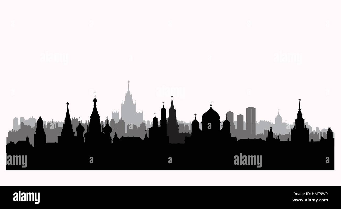 Stadt Moskau Gebäude Silhouette. russische urbanen Landschaft. Moskauer Stadtbild mit Sehenswürdigkeiten. Reisen Russland Hintergrund Stock Vektor