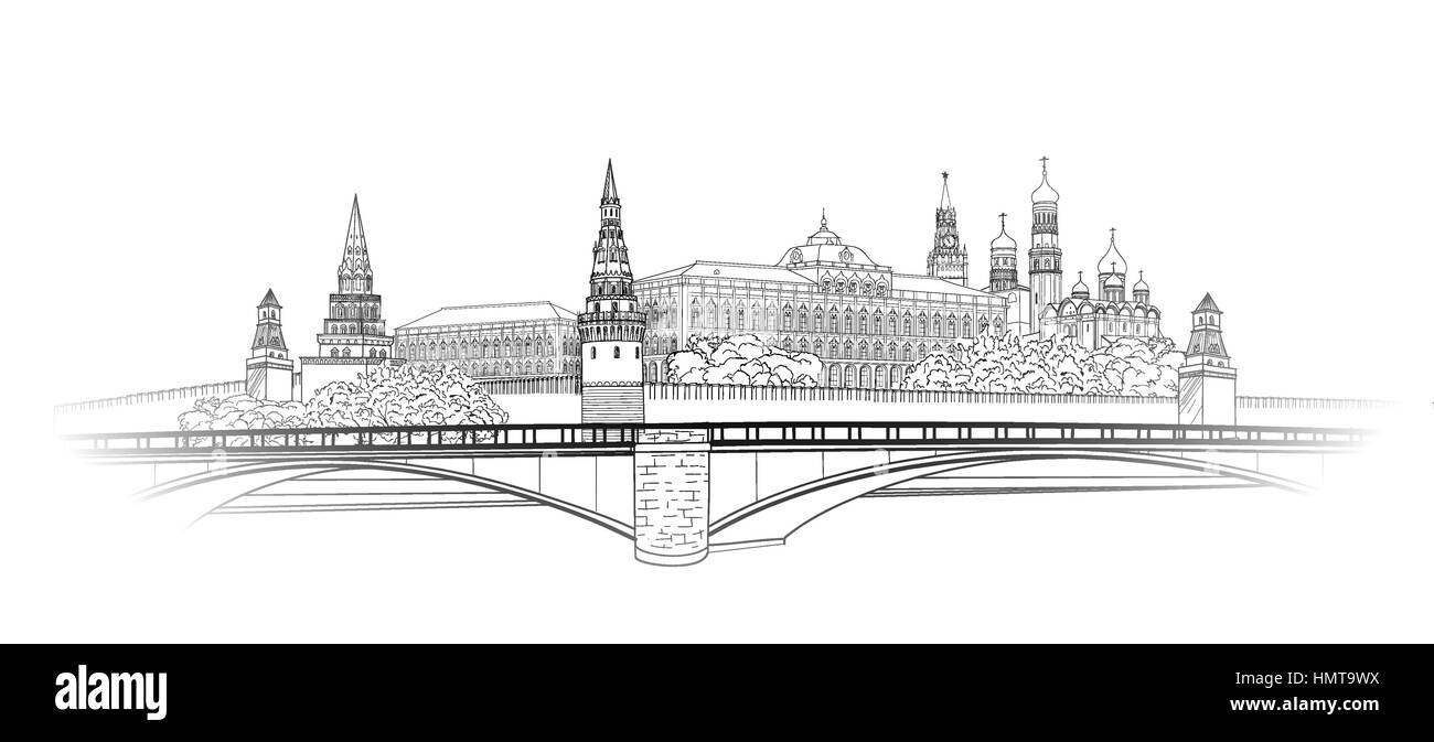 Moskau Kreml Skizze. Stadt Gebäude Gravur Abbildung. russische urban Auenlandschaft. Moskauer Stadtbild mit Sehenswürdigkeiten: Kreml Türme, Stock Vektor