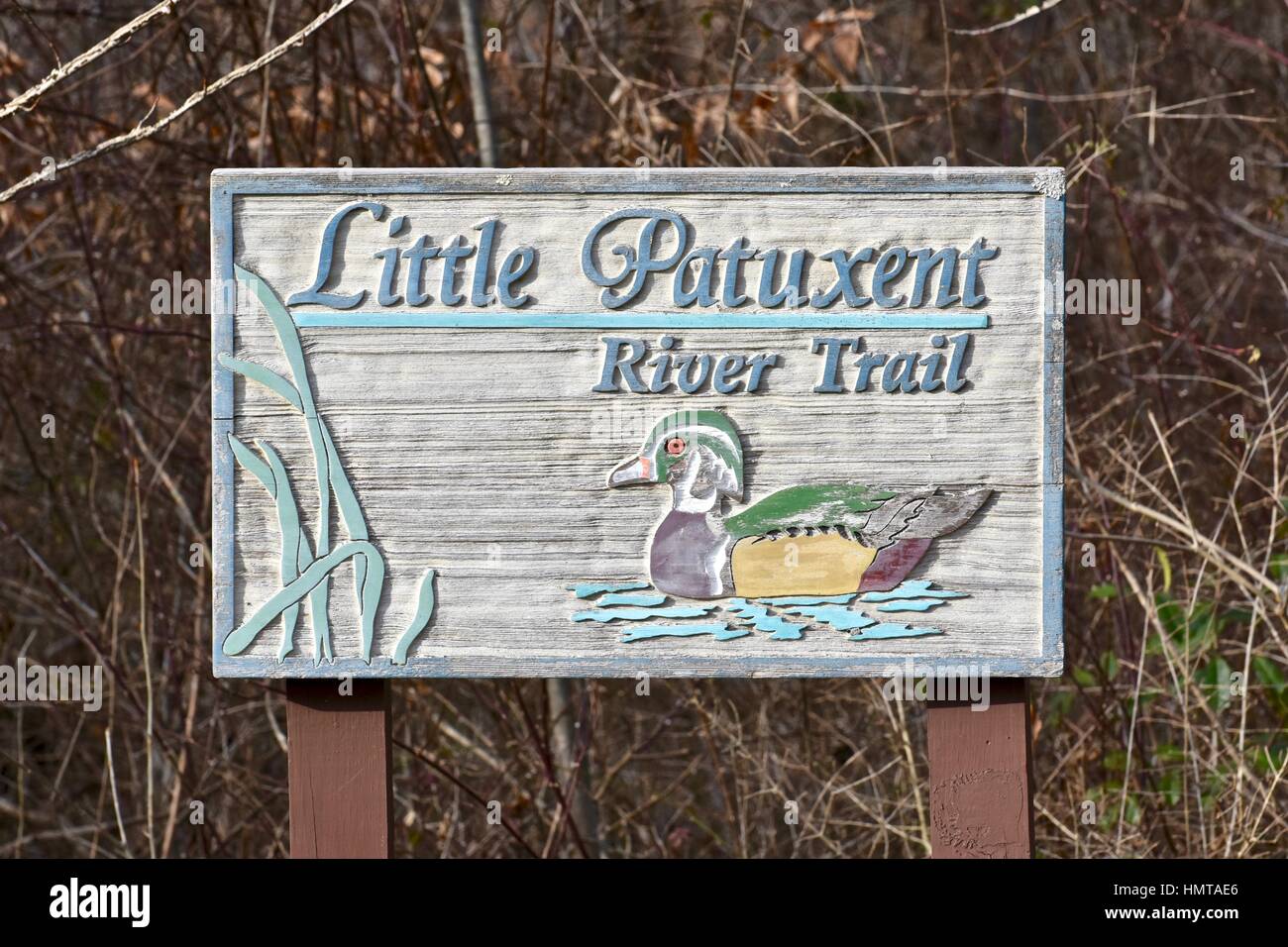 Kleines Patuxent River Trail-Schild auf der Patuxent Forschung Hütte Stockfoto