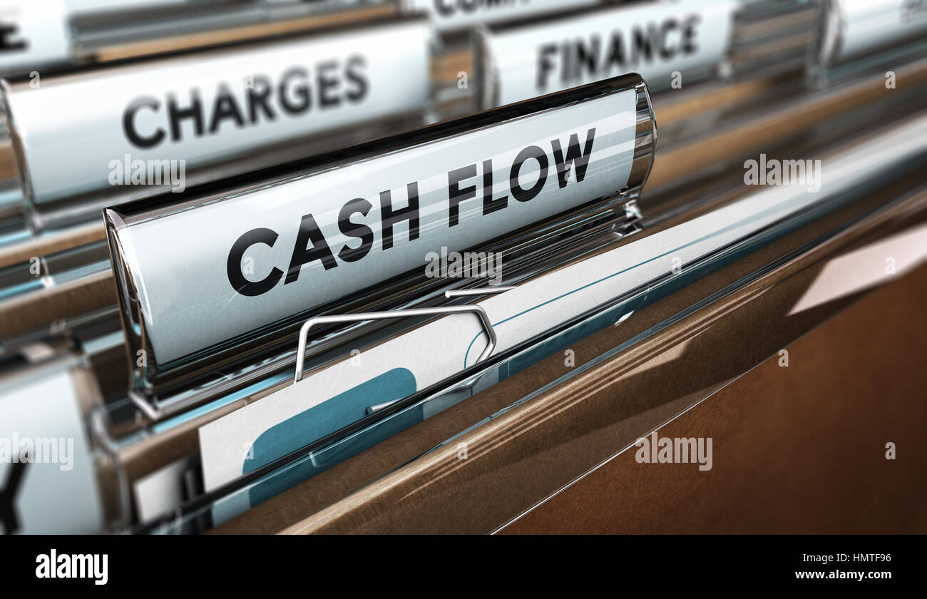 3D Abbildung einer Ordner-Registerkarte mit der Text-Cash-Flow. Buchhaltung-Konzept. Horizontales Bild. Stockfoto