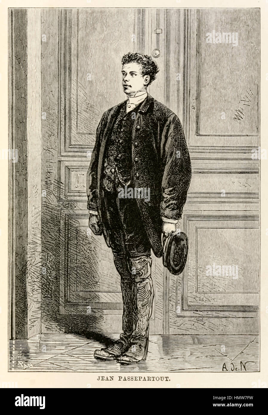 "Jean Passepartout" aus "um die Welt in 80 Tagen" von Jules Verne (1828-1905); Illustration von Alphonse-Marie-Adolphe de Neuville (1835 – 1885), gestochen von Louis Dumont (geb. 1822). Stockfoto