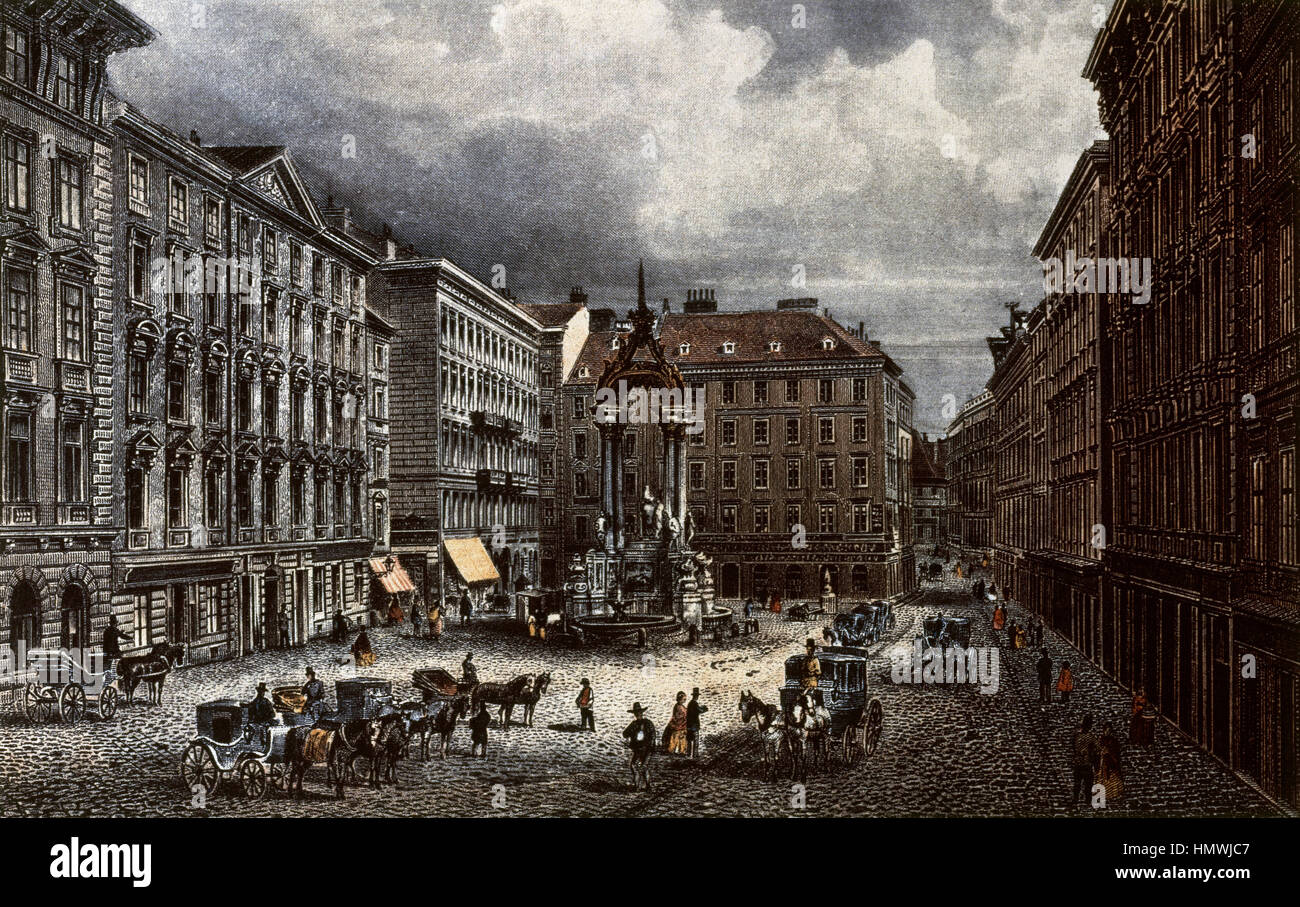 Österreich. Wien. Hober Markt Platz mit Jungfrau Maria Hochzeit Brunnen. Aquatinta. 18.-19. Jahrhundert. Stockfoto