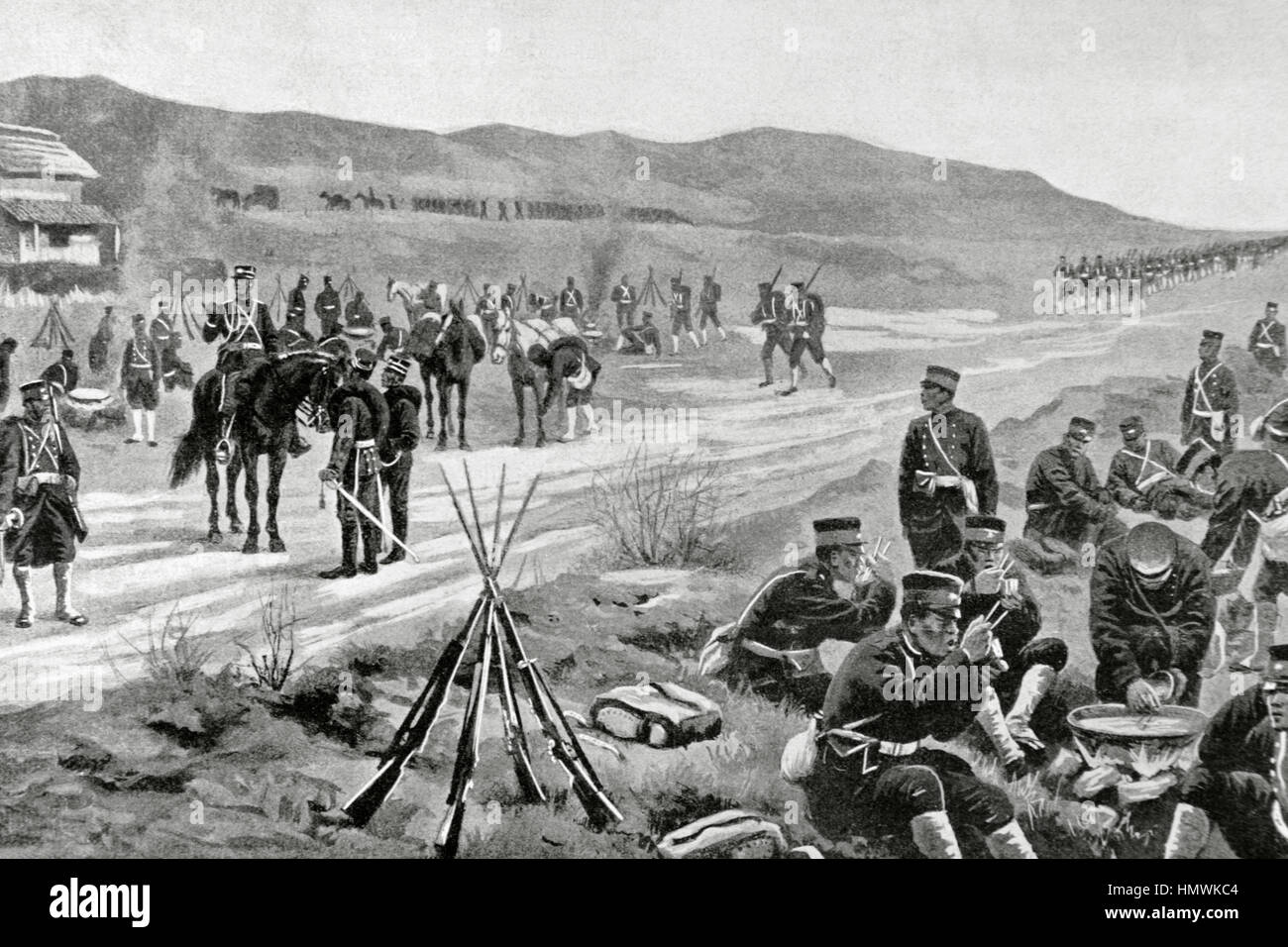Russo-japanischer Krieg (1904-1905). Japanischen Lager. Kupferstich "La Ilustracion Espanola y Americana", 1904. Stockfoto