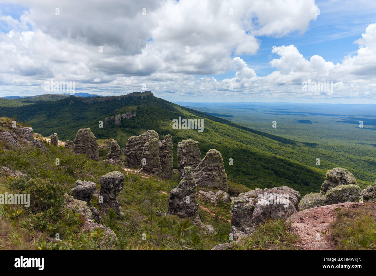 grenzenlose Weite. Blick vom Berge. natürlichen Steinsäulen. Phänomen. Chiquitania. Bolivien Stockfoto