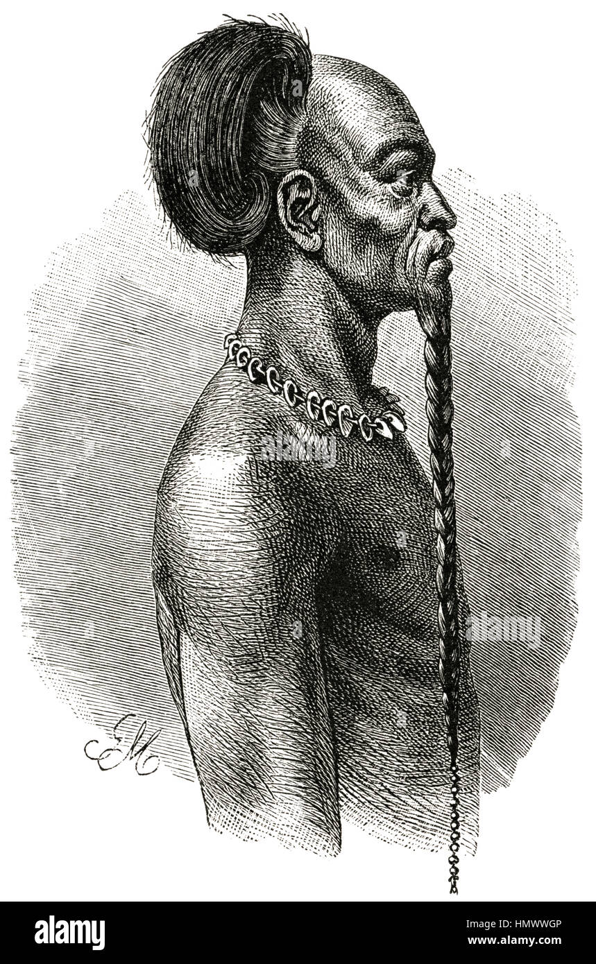 Portrait von Häuptling, Manjema, Afrika, Abbildung aus dem Buch "volkerkunde" von Dr. Friedrich Ratzel, Bibliographische Institut, Leipzig, 1885 Stockfoto