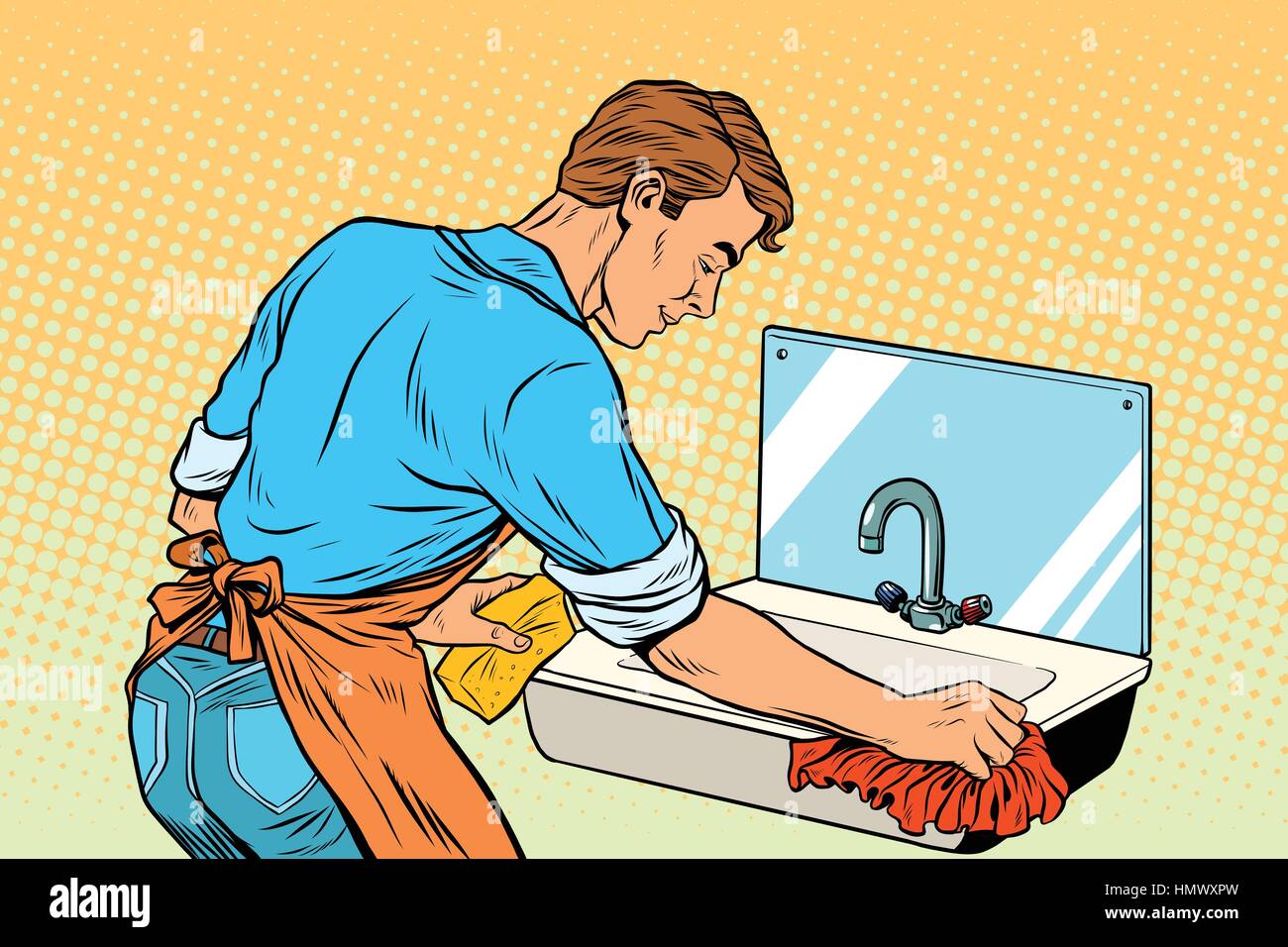 Wohnungsreinigung Mann Waschen Küchenspülen, Werke Stock Vektor