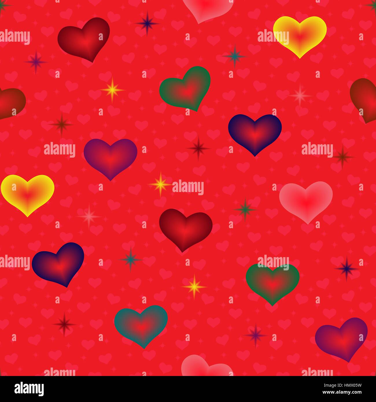 Bunte Herzen und Sterne auf dem roten Hintergrund mit vielen kleinen rosa Herzen, nahtlose Valentine Vektormuster Stock Vektor