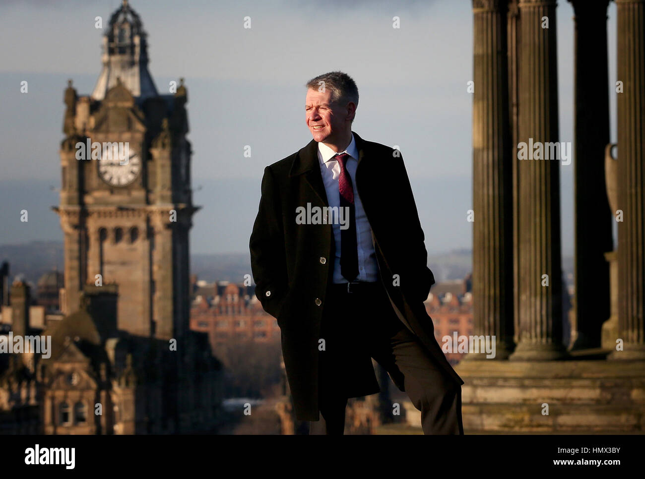 Unite-Spitzenkandidat Gerard Coyne bei einem Besuch in Edinburgh im Rahmen seiner "fünf Hauptstädte"-Tour durch Großbritannien und Irland vor dem Führungsvotum, wo er sagte, dass Gewerkschaften mehr Zeit damit verbringen sollten, die Bezahlung ihrer Mitglieder zu schützen, anstatt sich in die schottische Politik einzumischen. Stockfoto