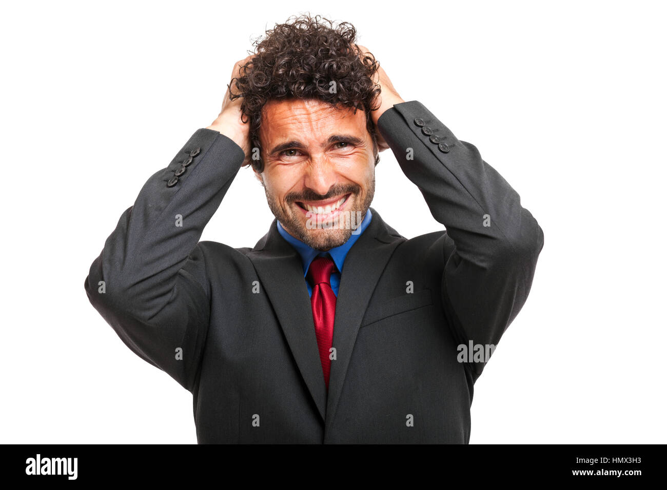 Verzweifelte Geschäftsmann isoliert auf whtie Stockfoto