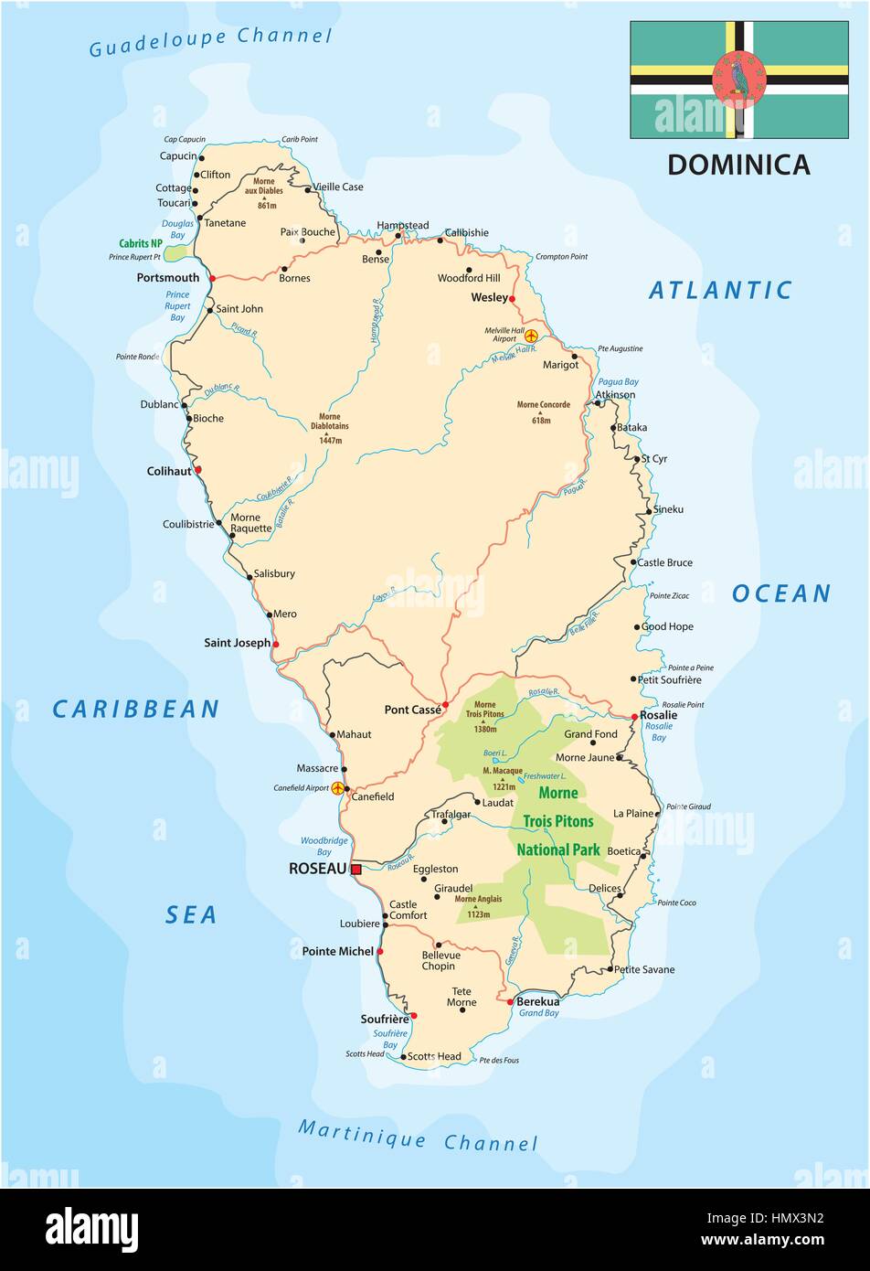 Dominica-Fahrplan mit Flagge Stock Vektor