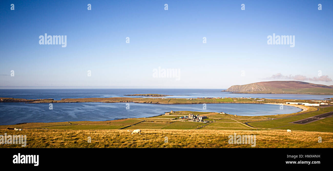 Ein Abend-Blick über Sumburgh Hotels, Scatness und unruhigen Kopf, Mainland, Shetland, Scotland, UK. Stockfoto