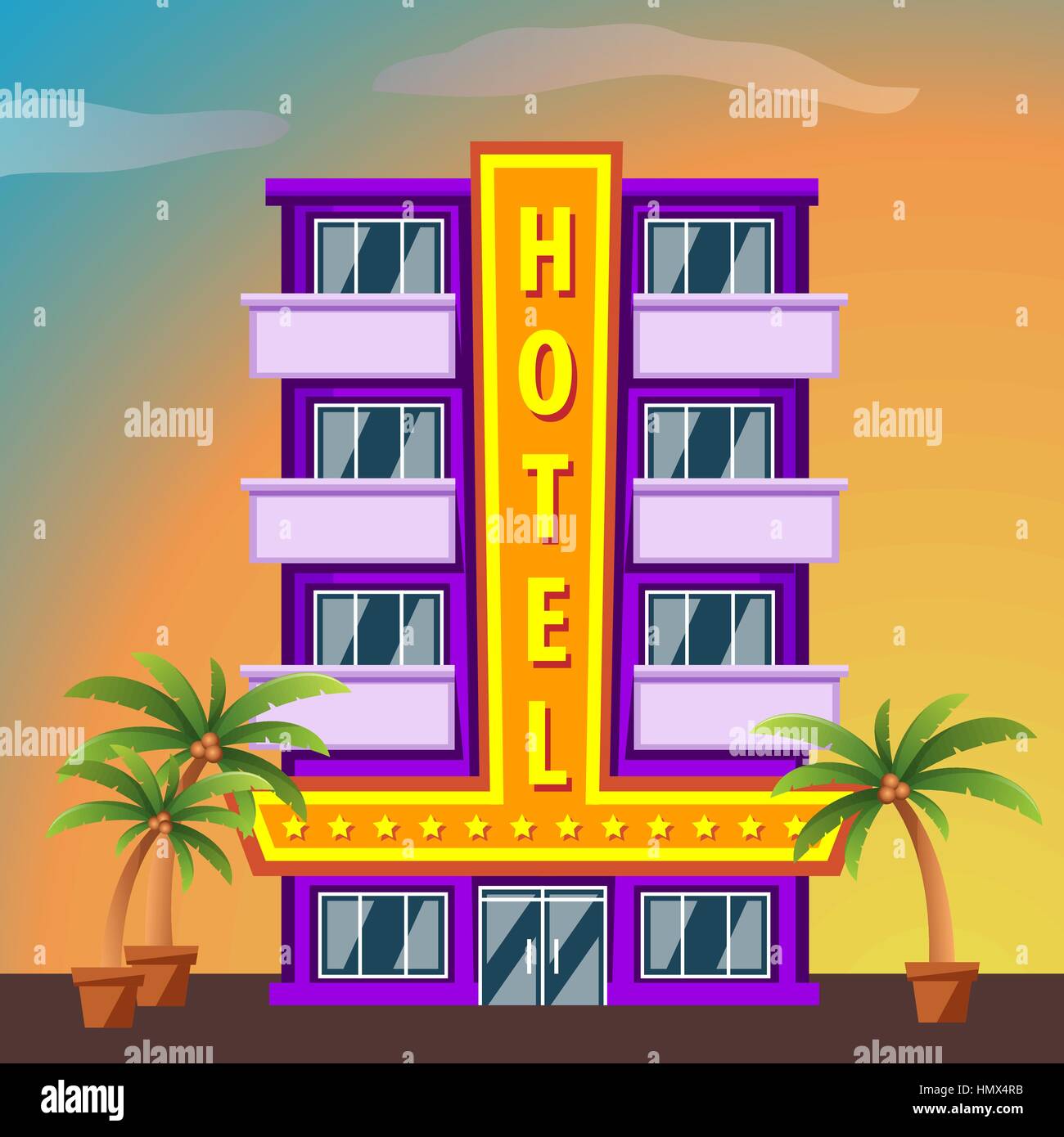 Miami Beach Hotel Gebäude mit Palmen bei Sonnenuntergang. Stock Vektor