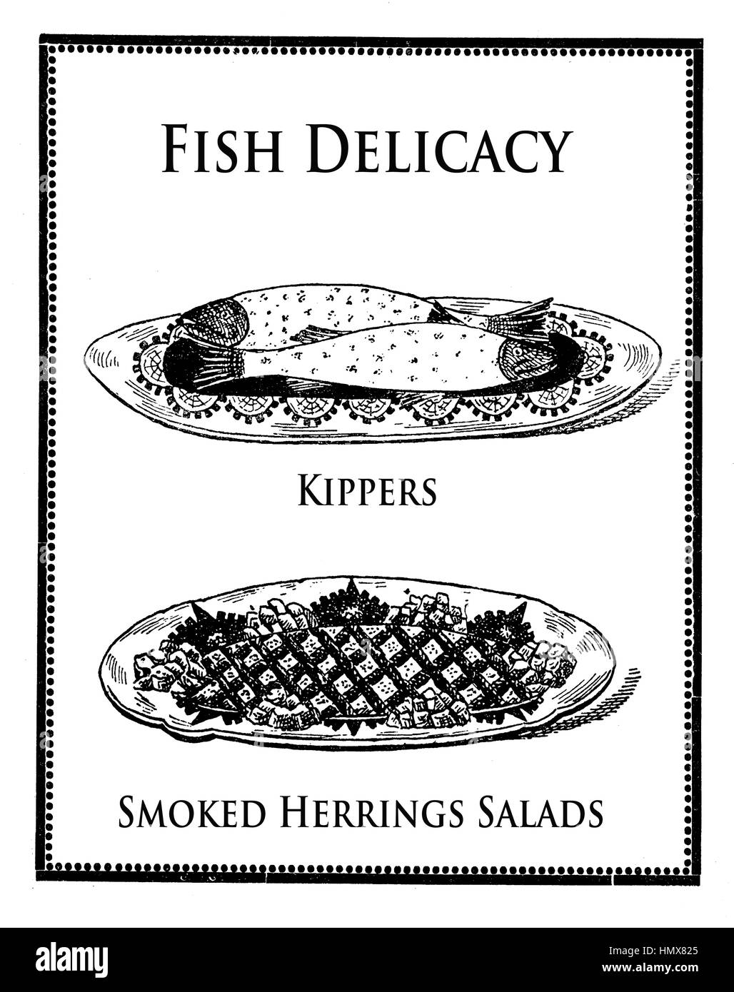 Vintage Küche Gravur, Meeresfrüchte Präsentation, Bückling und geräucherten Hering Salat Stockfoto